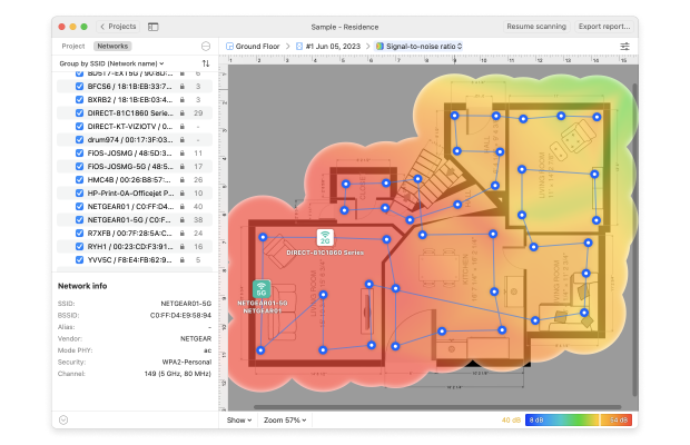 Mapa cieplna stosunku sygnału do szumu NetSpot