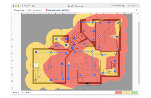 Mapa ciepła kanałów zachodzących na siebie w Netspot