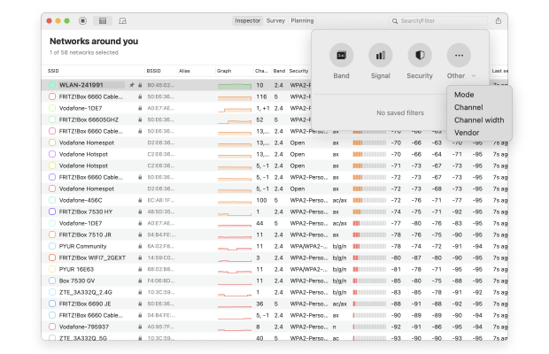 NetSpot — フィルタリングオプション