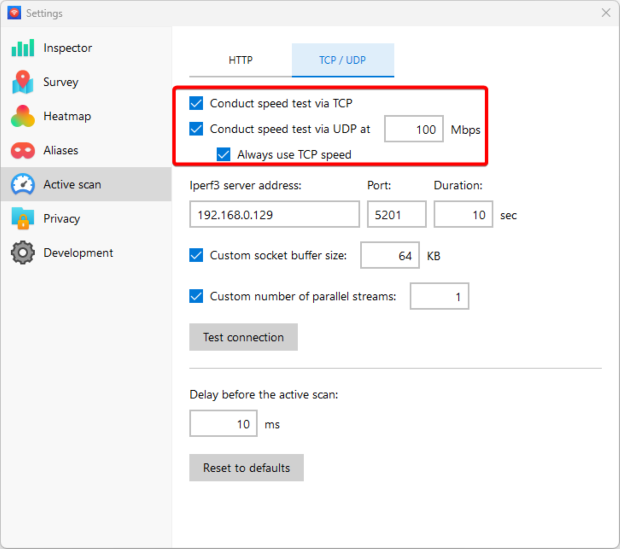 Open NetSpot and move to the TCP/UDP section