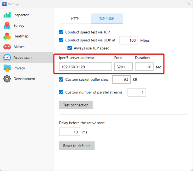 NetSpot — TCP/UDP section connection pane