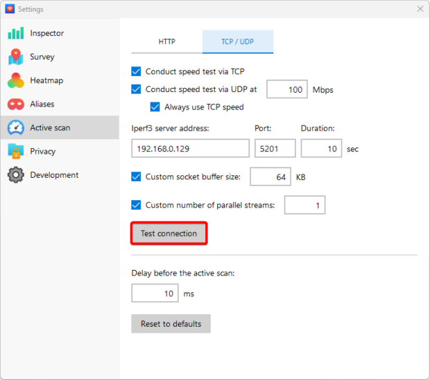 NetSpot — Hit Test connection