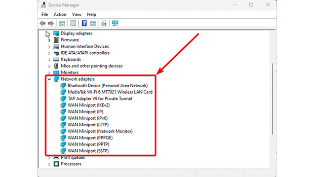 Network adapters in Windows Device Manager for driver updates